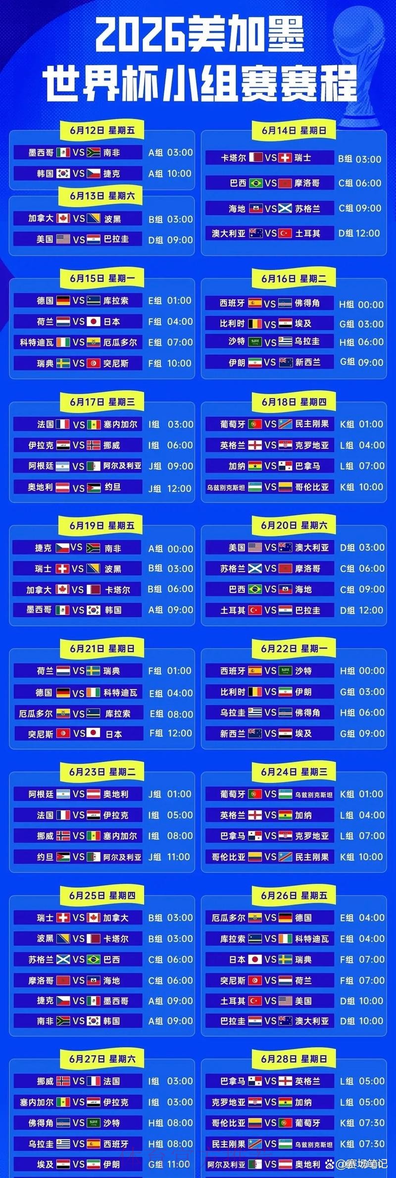 2026世界杯赛程表及现场直播 2026世界杯赛程表及现场直播